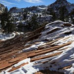 Snowdrift collecting on the sides of the canyon during the winter at Zion National Park
