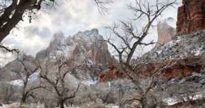 winter hiking scene in zion national park