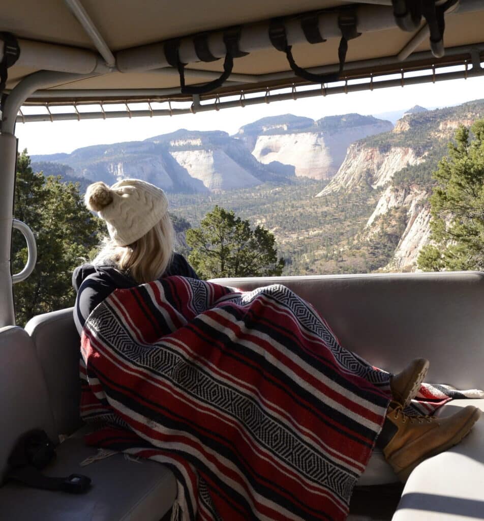 Winter Jeep tour overlooking Checkerboard Mesa