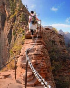 Person hiking the chained section of Angels Landing in Zion National Park