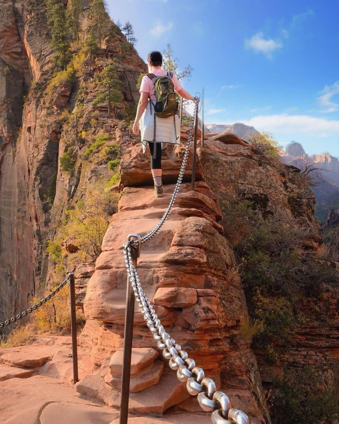 Person hiking the chained section of Angels Landing in Zion National Park